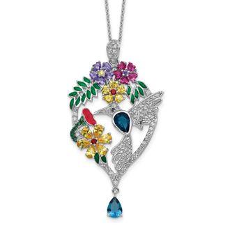 Diamond2Deal Sterling Silver Multicolor Glass and Cubic Zirconia Floral Hummingbird Necklace 18