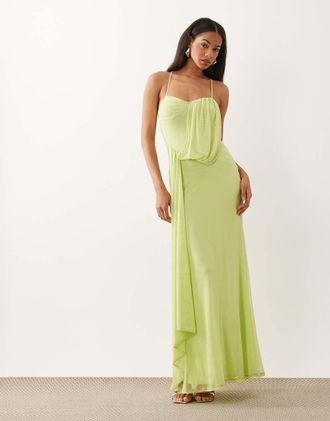 Asos Vestito lungo drappeggiato in rete color lime tenue con scollo a cuore-Verde