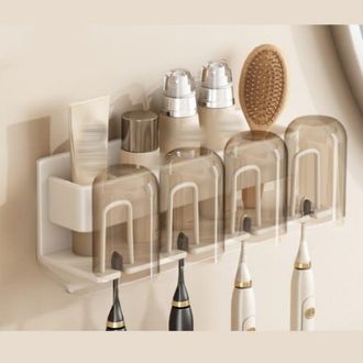 OEM Soporte De Pared Para Cepillo Y Pasta De Dientes Con 4 Compartimentos, Organizador De Ba&ntilde;o, Metal Resistente, Instalaci&oacute;n Sin Taladro, 26 &times; 7,5 &times; 8 Cm