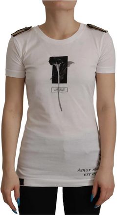 Dolce & Gabbana Elegant bloemenkatoenen T-shirt met ronde hals - Dames - T-shirts - Wit - 2XS - Katoen - Tops