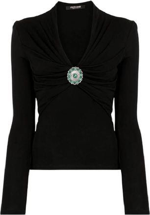 Roberto Cavalli Embellished Gathered V-Neck Blouse, Brand Size 44 ( US Size 10 )