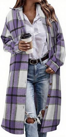 Generic Womens Jacket Plaid Shacket Mid Long Button Casual Tartan Long Coat Checked Oversized Trench Coat Flannel Checked Longline Cardigans Shirts Casual But
