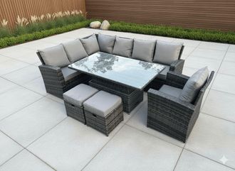 Fimous High Back Rattan Corner Sofa Sets Adjustable Rising Table 9 Seater in Dark Grey