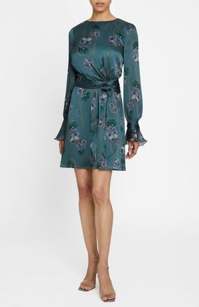 Santorelli Dahlia Long Sleeve Dress in Printed Crepe Georgette in Steel Teal at Nordstrom, Size 4