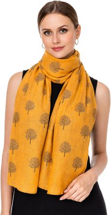 World of Shawls Mulberry Tree Scarf Shawl Wrap Soft Warm (Mustard With Black Tree)