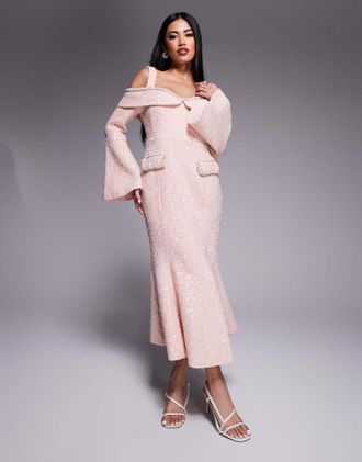 Lavish Alice sequin boucle cowl long midi dress in pink
