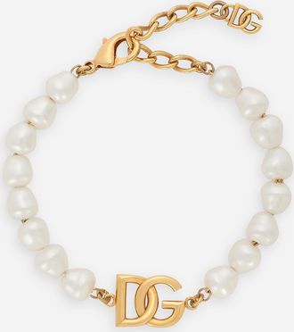 Dolce & Gabbana Link Bracelet With Pearls And Dg Logo - Woman Bijoux Gold Metal Onesize