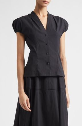 Lela Rose Cotton Poplin V-Neck Button-Up Shirt in Black at Nordstrom, Size X-Large