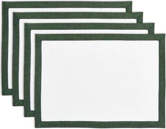 Solino Home Linen Placemats Set of 4, 14 x 19 Inch for Dining Table, Holiday and Everyday Table Decor - Classic in Forest Green And White at