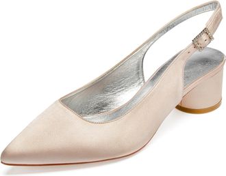 Generic Wedding Bridal Shoes Women Chunky Block Satin Low Heels Pointed Toe Slingback Evening Party Prom Office Shoes 4.5Cm,Champagne,6 UK