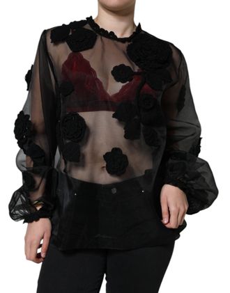 Dolce & Gabbana Womens Black Nylon Mesh Transparent Floral Blouse Polyester