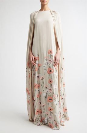 Bernadette Minnie Embroidered Cape Gown in Pink Coral Poppies at Nordstrom, Size 6 Us
