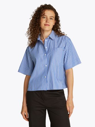 Tommy Hilfiger Kurzarmshirt TOMMY HILFIGER POPLIN BOXY SHORT S/S SHIRT, Damen, Gr. 32, stacking, verona blau, Web, Obermaterial: 100% Baumwolle, unifarben, normal ku