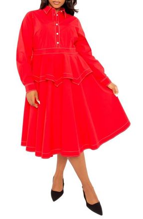 Buxom Couture Topstitched Long Sleeve Peplum Shirtdress in Red at Nordstrom, Size 1X