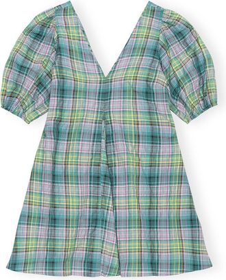 Ganni Green Seersucker Check V-Neck Mini Dress - Size 8/10 Organic Cotton