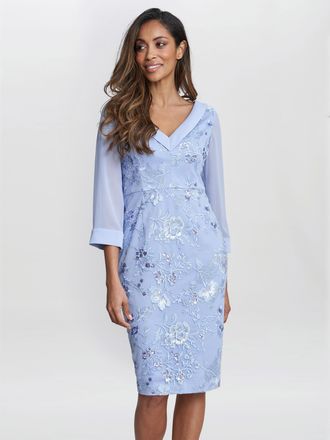 Gina Bacconi Womens Daisy Crepe Dress With Embroidery - Blue - Size 10 UK