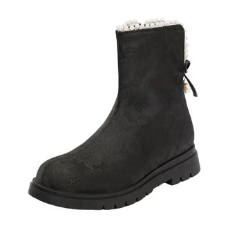 Generic Womens Floral Mid Calf Boots Round Toe Low Square Heel With Side Zipper And Decorative Flower Beading