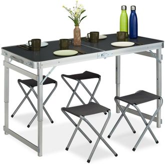 Relaxdays Relaxdays - Set Muebles Camping, Plegable, 4 Sillas, Mesa, Altura Ajustable, 120 X 60 Cm, Aluminio, Mdf, Plateado/gris