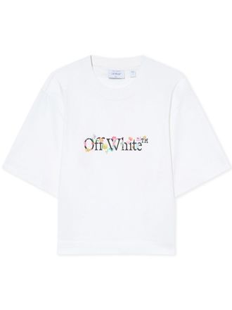 Off-white Cropped Cotton T-Shirt With Floral Print And Relaxed Fit