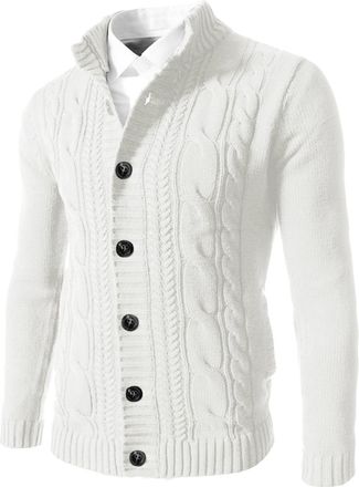 Generic Mens Knitted Cardigans Long Sleeve Thick Knitted Sweater Coat Cable Knit Jumper Top Stand Collar Knitwear Casual Solid Color Knitted Jacket Autumn Win