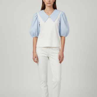 Maje White/blue Striped Cotton And Jersey Blouse
