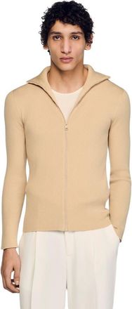 Sandro Zip cardigan with standing collar in Beige at Nordstrom, Size X-Large