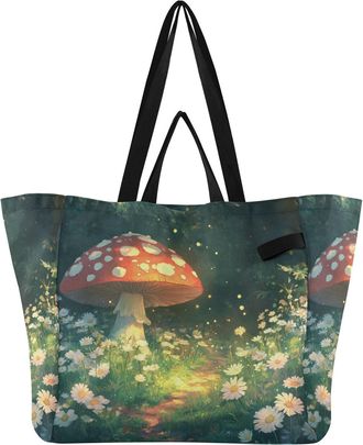 Generic Red Mushroom Plants pattern Reusable Canvas Tote Bag, Heavy Duty Grocery Shopping Bag with Large Capacity Double Handles Hard Bottom Work Groceries Tr