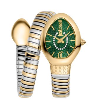 Just Cavalli Womenss Snake Watch, Gold Color Case, Dark Green Dial, Two Tone Silver Stainless Steel Bracelet