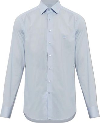 Etro Katoenen overhemd met geborduurd logo - Heren - Zakelijke Overhemden - Blauw - XL - Katoen - Overhemden