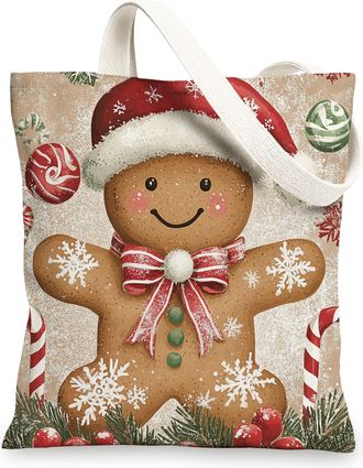 Generic Vintage Christmas Gingerbread Man Canvas Tote Bag for Shopping 13x15, Retro Kid Fuin Xmas Reusable Grocery Print Bag for Women, Holiday New Year Beach
