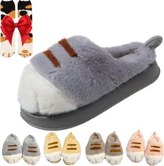 Generic Womens Cat Paw Slippers, Cozy Plush Cat Foot Slippers with Socks, Winter Warm, Grey, Size 3/4 UK