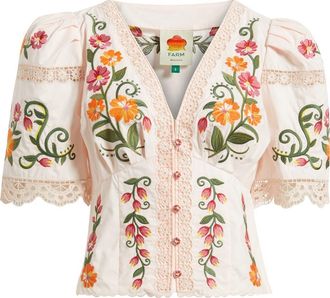 Farm Rio Floral Embroidered Cotton Top in Ivory/Pink at Nordstrom, Size Xx-Small