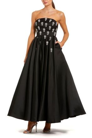 Mac Duggal Crystal Embellished Strapless Satin A-Line Dress in Black at Nordstrom, Size 10