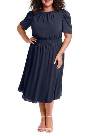 London Times Shirred Crewneck Midi Dress in Nvy449 at Nordstrom Rack, Size 14W