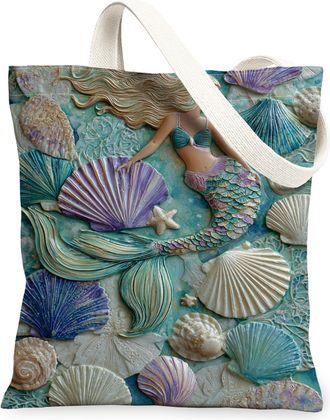 Generic Mermaid Seashell Canvas Tote Bags, Ocean Waves Pattern Reusable Grocery Bags, Summer Vintage Washable Shoulder Strap for Be, Blue, 13x15 Inch