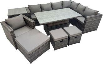 Fimous Fimous 10 Seater Rattan Height Adjustable Rising Lifting Table Corner Sofa Sets with Chair 3 Stools Side Table Dark Grey Mixed