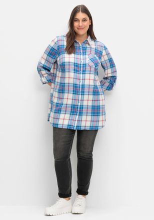 Sheego Longbluse SHEEGO, Damen, Gr. 42, weiss (sanftes wei&szlig;, kariert), 100% Baumwolle, gemustert, kariert, mehrfarbig, Blusen Longbluse