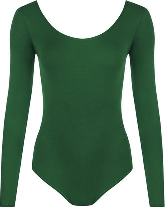 Generic Unbranded New Womens Ladies Scoop Neck Bodysuit Long Sleeve Leotard Plain Stretch Basic Top UK 8-14 (M/L (UK 12/14), Green)