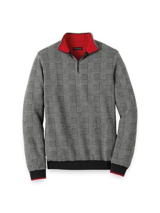 Paul Fredrick Cotton Quarter Zip Mock Neck Sweater in Black/white Glen Plaid at Nordstrom, Size Xx-Large