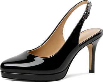EDEFS Womens Black Patent Slingback Heels with 3.5 Inch High Heel Platform Elegant Court Shoes for Office and Evening Wear UK2