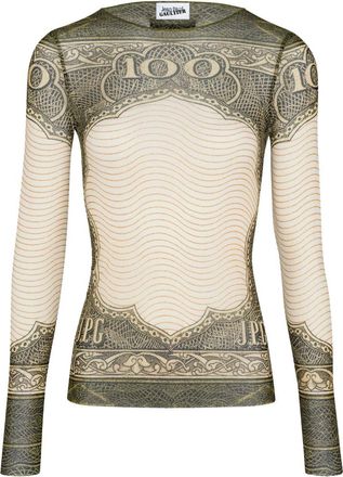 Jean Paul Gaultier Long-Sleeved Sheer Top With Vintage Currency Print