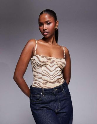 Good American Body a bustino in rete marrone con stampa tigrata