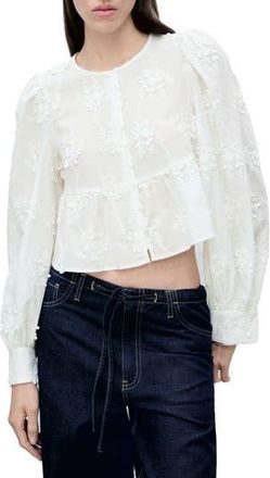 Mango Floral Embroidered Cotton Peplum Button-Up Shirt in Off White at Nordstrom Rack, Size 12