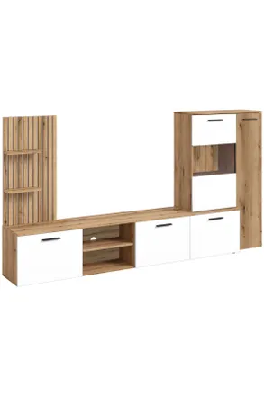 CARRYHOME Wohnwand, Weiß, Eichefarben, Kunststoff, 4-teilig, 9 Fächer, 250x135x38 cm, Wohnzimmer, Wohnwände, Komplette Wohnwände