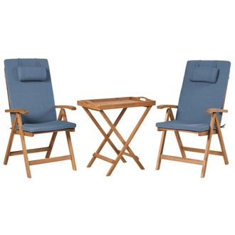Beliani Conjunto De Balc&oacute;n R&uacute;stico De Madera De Acacia Mesa Y 2 Sillas Plegables Con Cojines Azules Java Premium