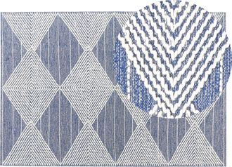 Beliani Alfombra De Lana Beige Claro Azul 140 X 200 Cm Hecho A Mano Geom&eacute;trico Datca