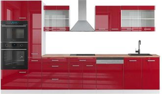 Vicco Mueble de cocina R-Line, Burdeos brillo intenso/blanco, 350 cm con armario alto, et Roble