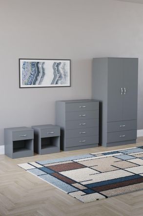 Home Discount Riano 4 Piece Bedroom Set - 1 Drawer Bedside, 5 Drawer Chest, Wardrobe in Grey