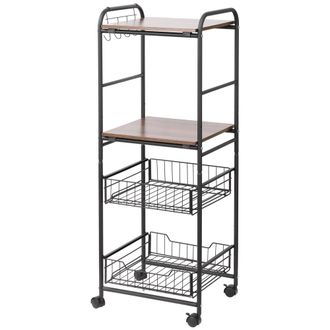 OEM Carrito Auxiliar De Almacenaje Con 2 Estantes 2 Cestas Extra&iacute;bles Y 4 Ganchos 40x38x111 Cm Nogal Y Negro