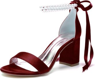 Generic Wedding Shoes Womens Open Toe Heels Bride High Heels Sandals Satin Bridal Chunky Heels Ankle Strap Evening Party 8Cm,Wine red,10 UK